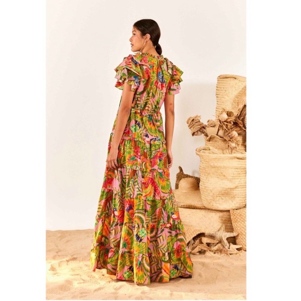 Farm Rio Pink Tropical Parrot Tiered Maxi Dress Flutter Sleeve Womens Size L - Picture 2 of 10